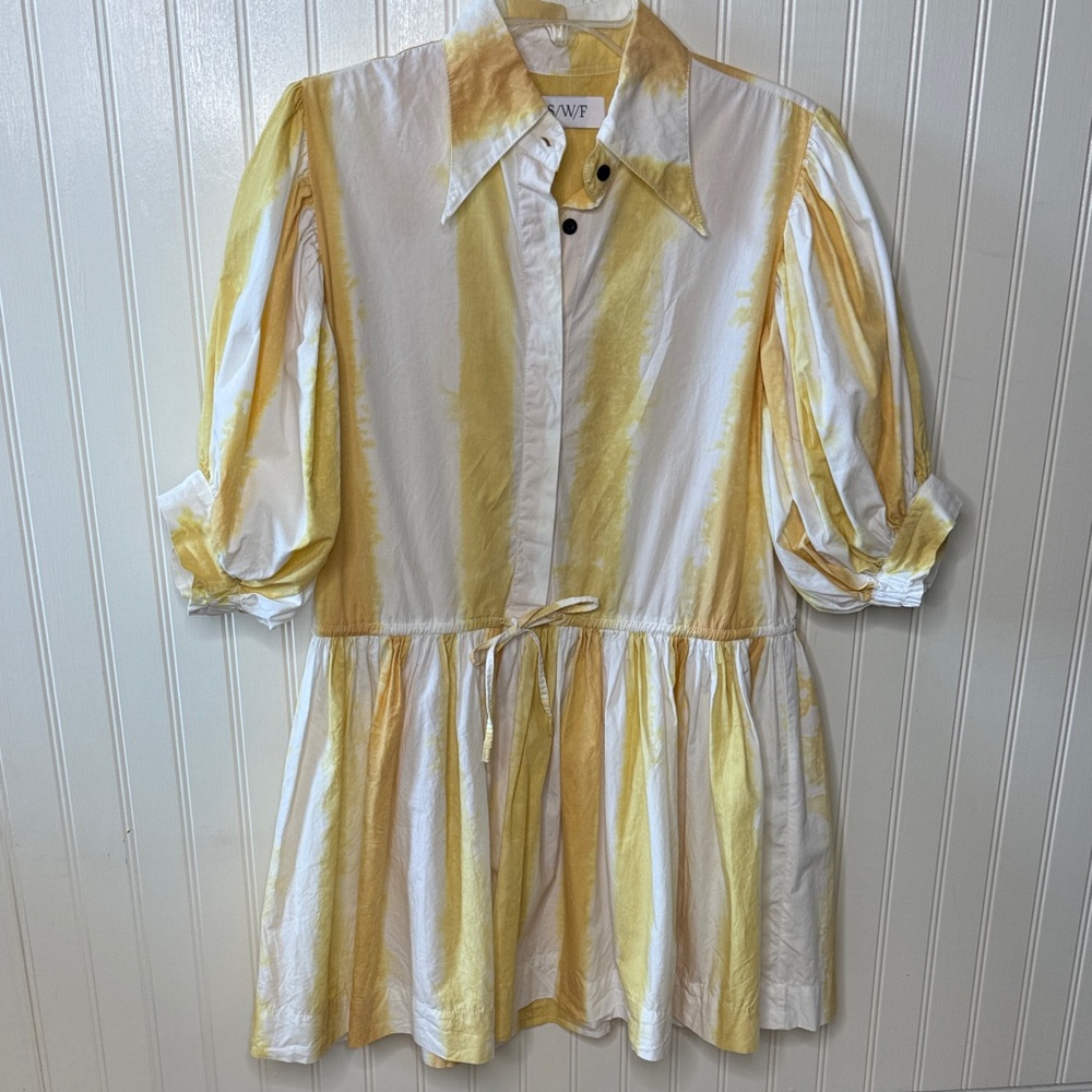 SWF Yellow White Tie-Dye Mini Dress Drop Waist Puff Sleeve - S‎